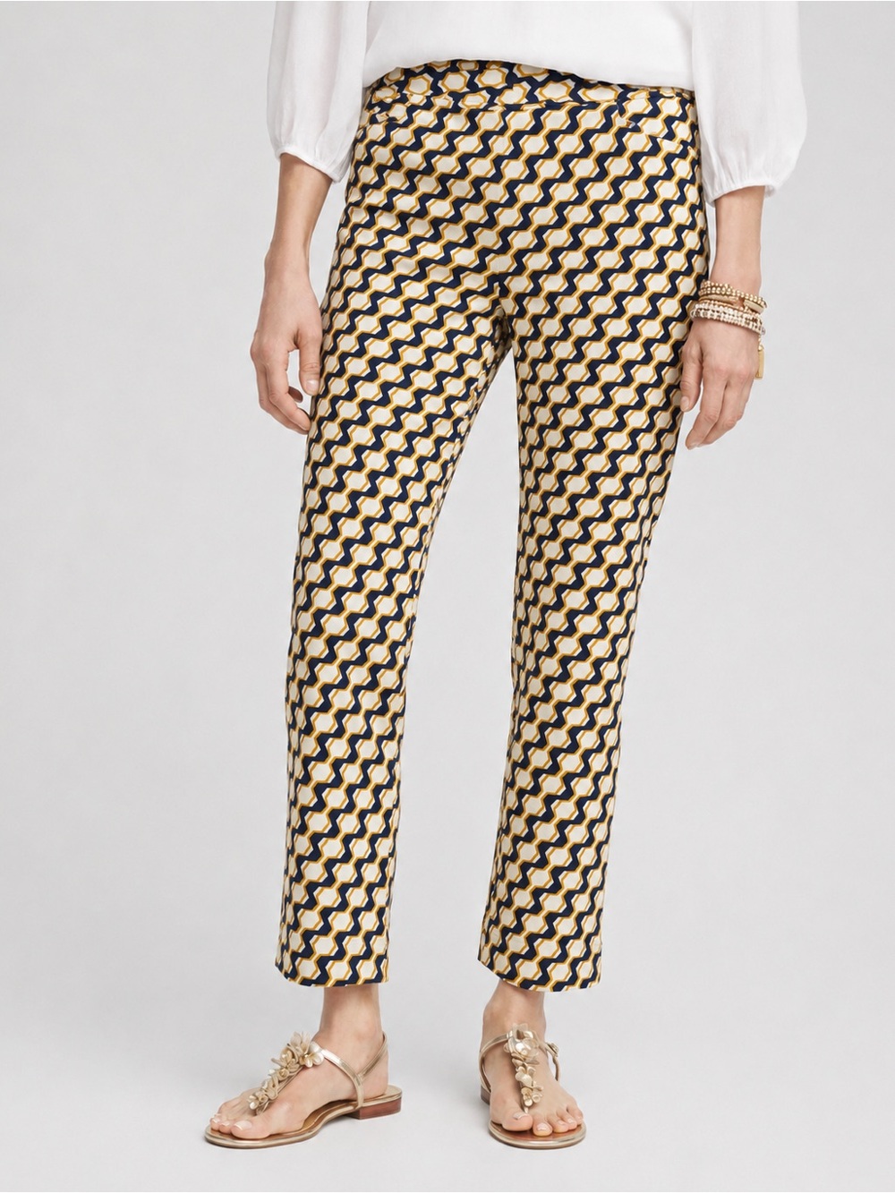 CHICO’S So Slimming Navy Gold Geometric Cropped Straight-Leg Ankle Pants